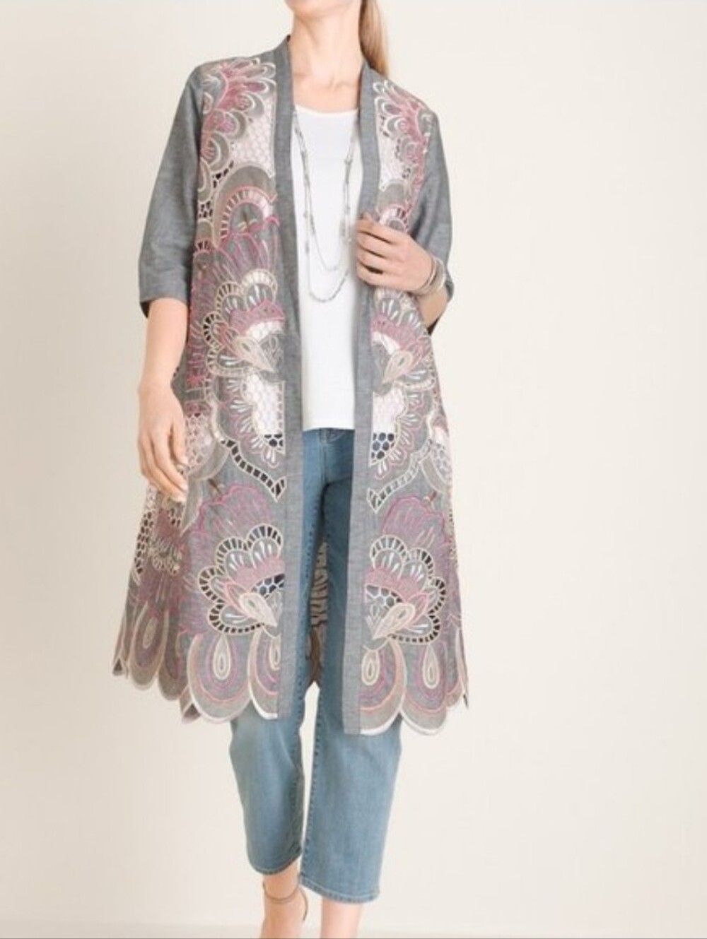 NWT Chico's Gray Open-Front Embroidered Scallop Cardigan Pink & Cream Linen